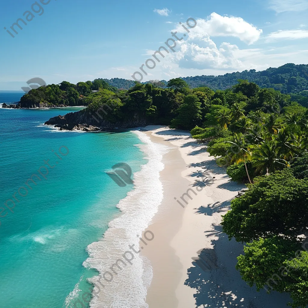 Aerial view of a secluded tropical beach with white sand, clear waters, and surrounding palm trees. - Image 2