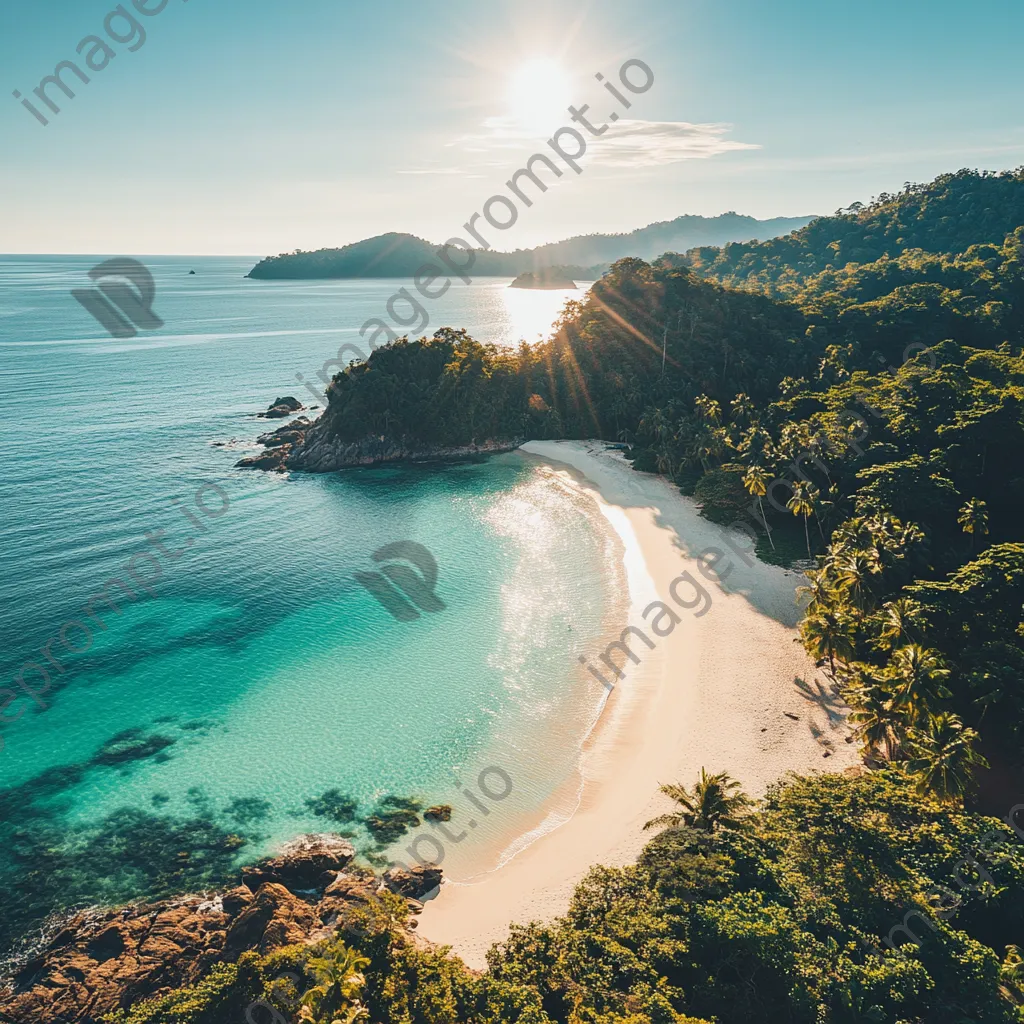 Aerial view of a secluded tropical beach with white sand, clear waters, and surrounding palm trees. - Image 3