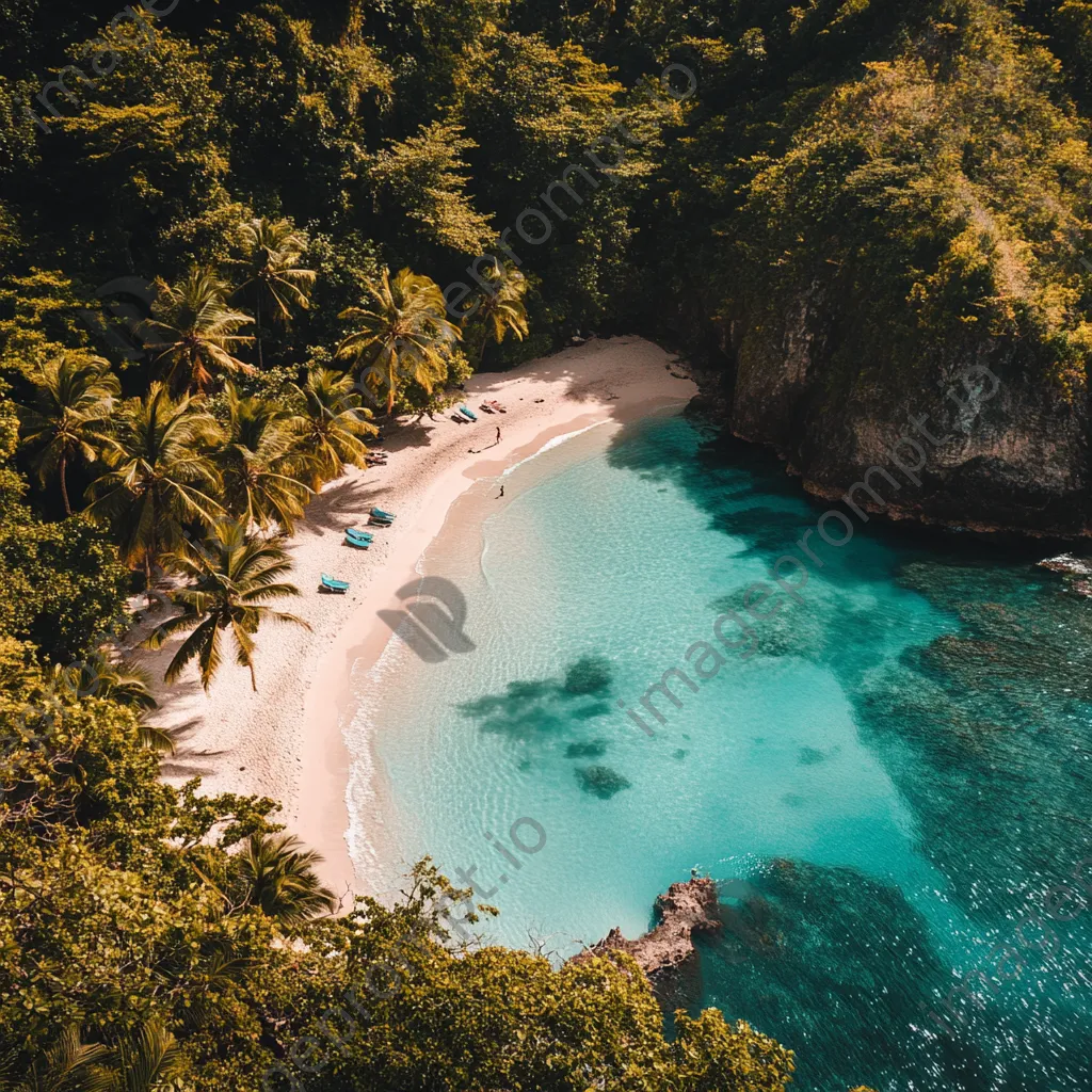 Aerial view of a secluded tropical beach with white sand, clear waters, and surrounding palm trees. - Image 4