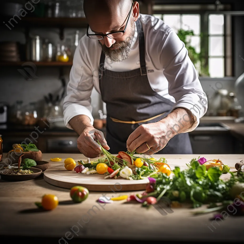 Chef plating a colorful gourmet dish with herbs and vegetables - Image 1