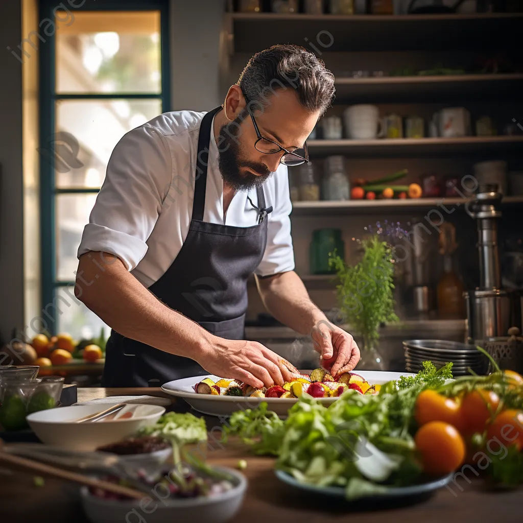 Chef plating a colorful gourmet dish with herbs and vegetables - Image 2