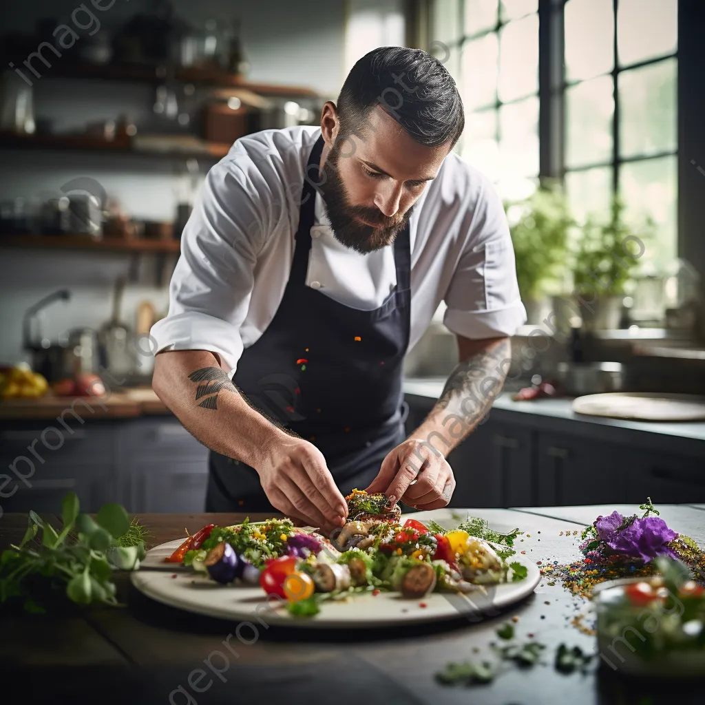 Chef plating a colorful gourmet dish with herbs and vegetables - Image 3