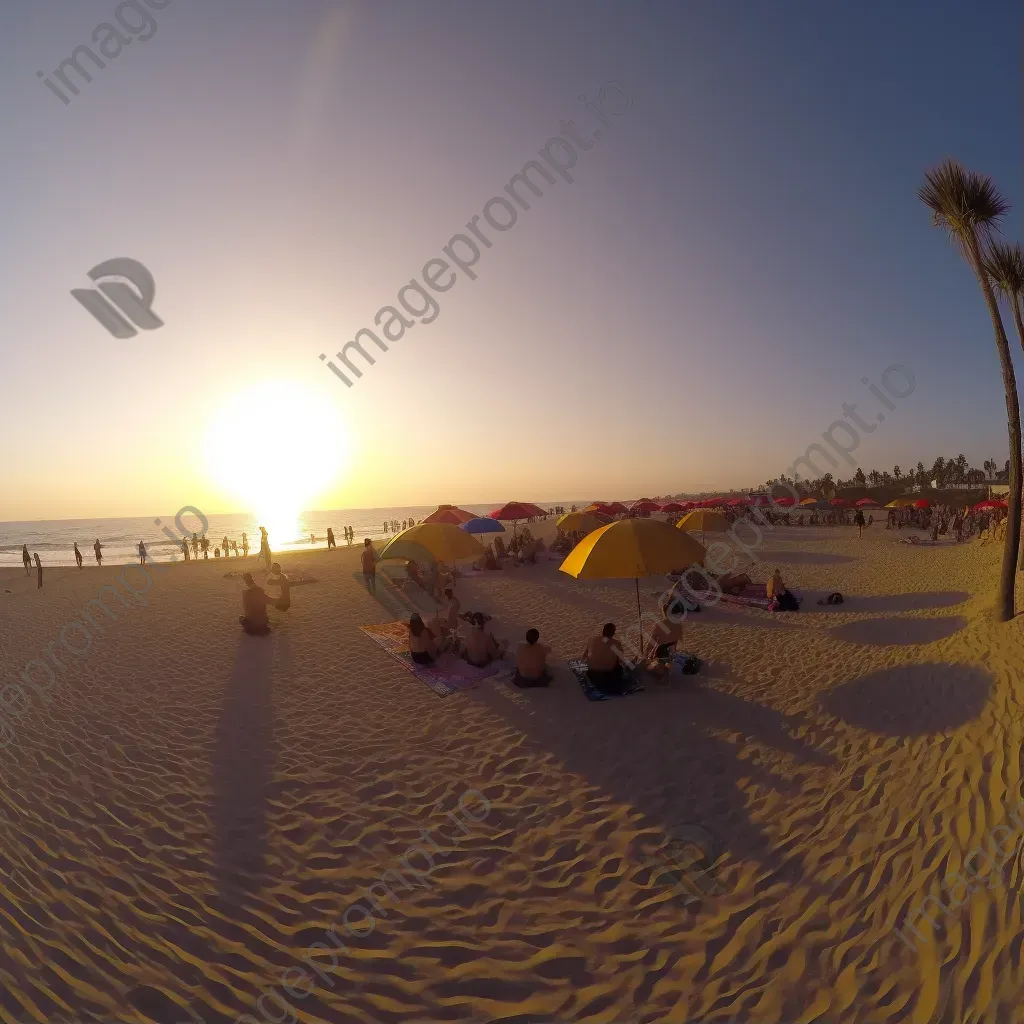 Summer beach scene at sunset with colorful beach umbrellas - Image 1