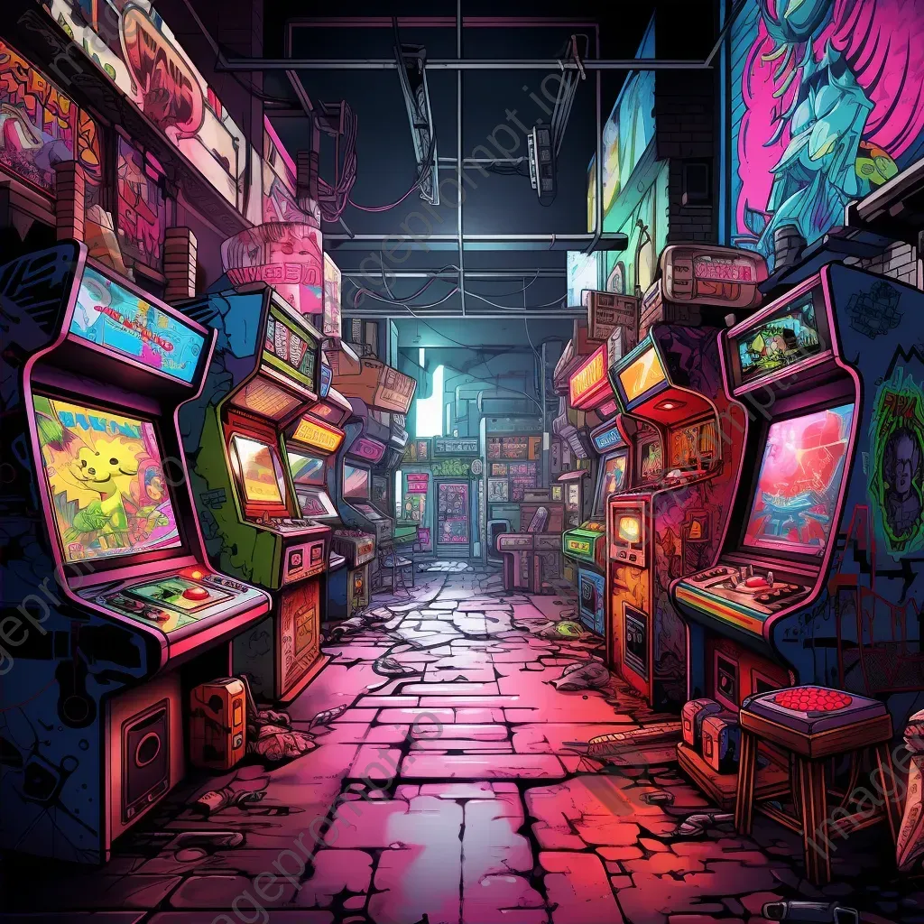 Vibrant Pop Art style depiction of a nostalgic 80s arcade scene - Image 2