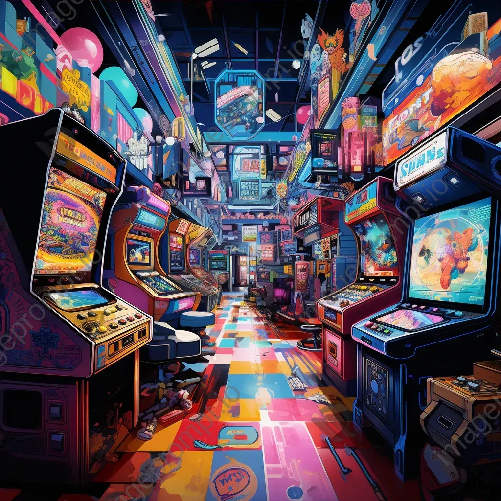 Vibrant Pop Art style depiction of a nostalgic 80s arcade scene - Image 3