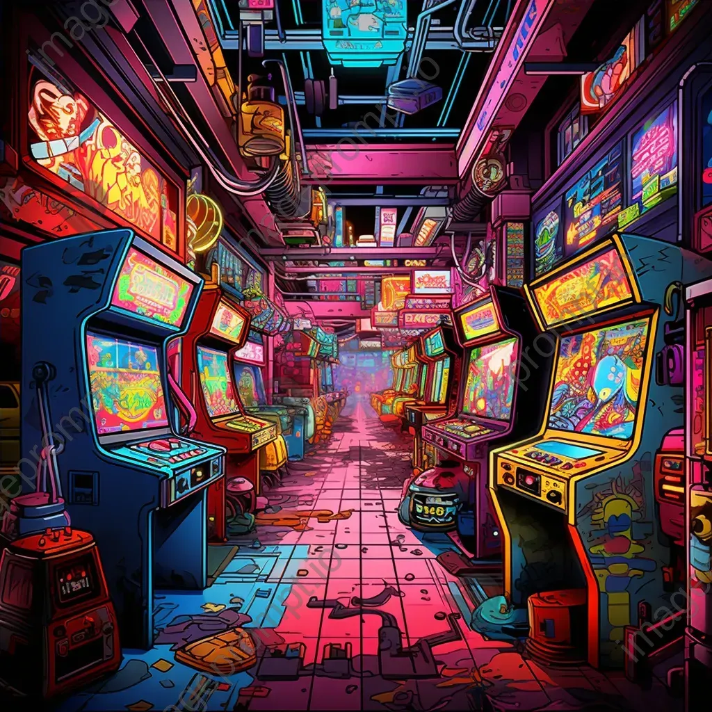 Vibrant Pop Art style depiction of a nostalgic 80s arcade scene - Image 4