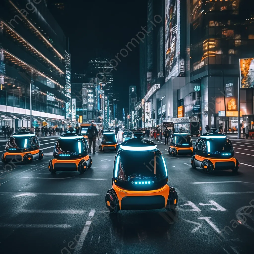 Night view of a smart city with autonomous delivery robots on the streets - Image 1