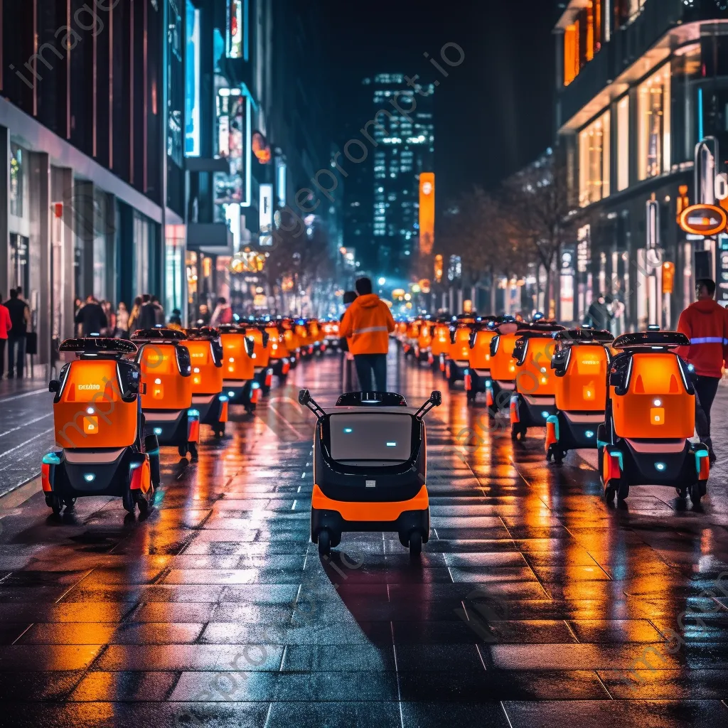 Night view of a smart city with autonomous delivery robots on the streets - Image 2