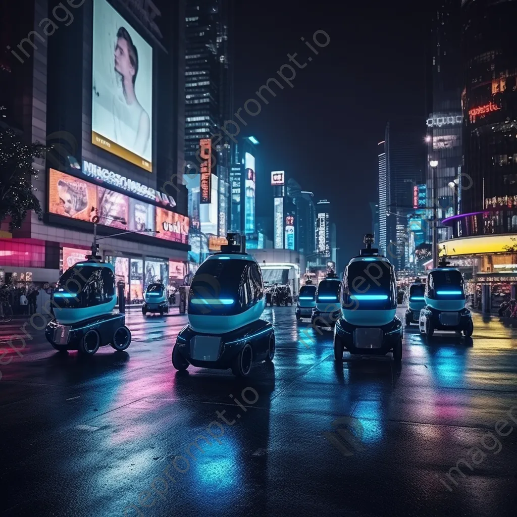 Night view of a smart city with autonomous delivery robots on the streets - Image 3