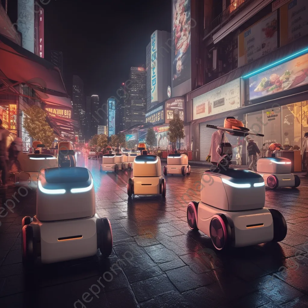 Night view of a smart city with autonomous delivery robots on the streets - Image 4