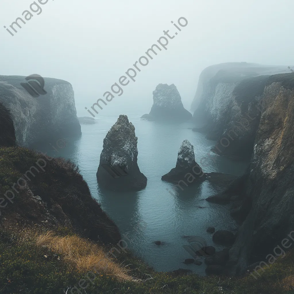 Fog-covered coastal sea stacks - Image 1