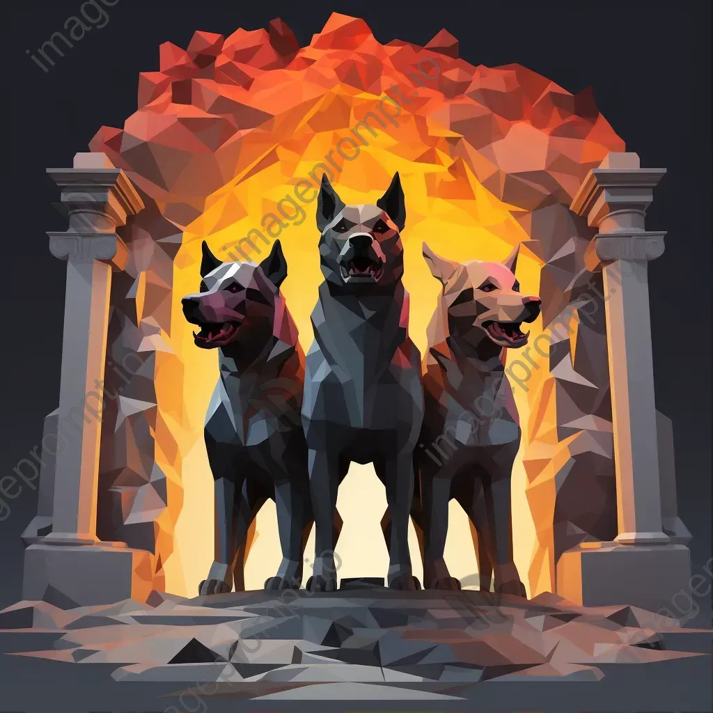 Cerberus in low poly style at the vibrant, ominous gates of the Underworld - Image 1