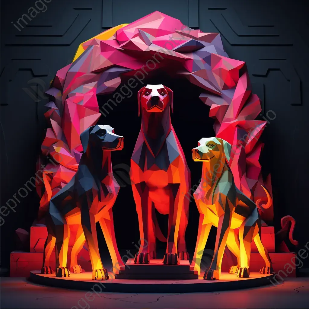 Cerberus in low poly style at the vibrant, ominous gates of the Underworld - Image 2