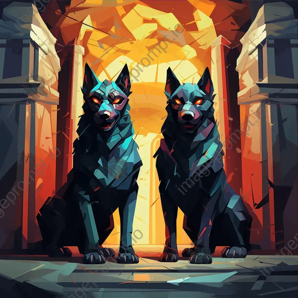 Cerberus in low poly style at the vibrant, ominous gates of the Underworld - Image 3