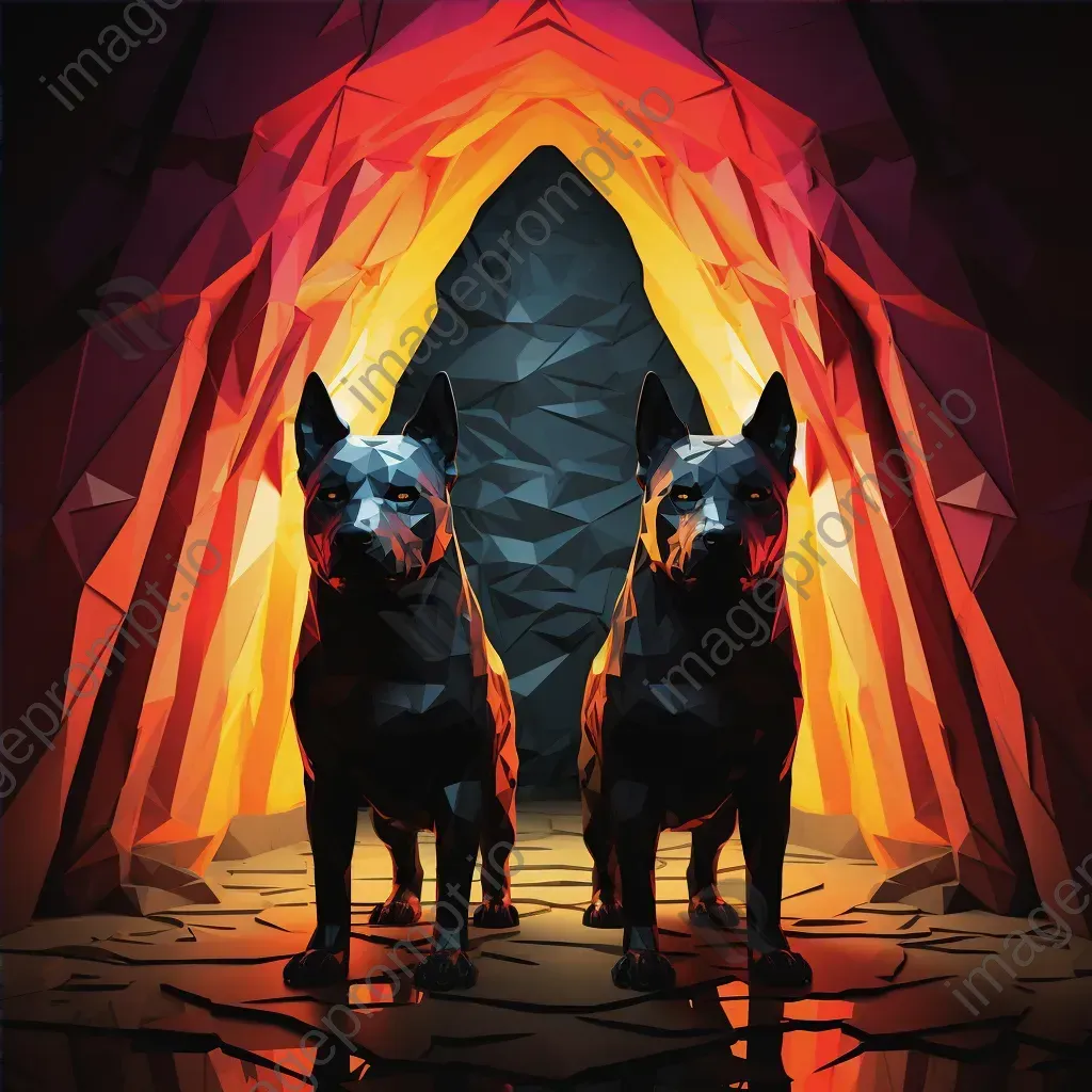 Cerberus in low poly style at the vibrant, ominous gates of the Underworld - Image 4