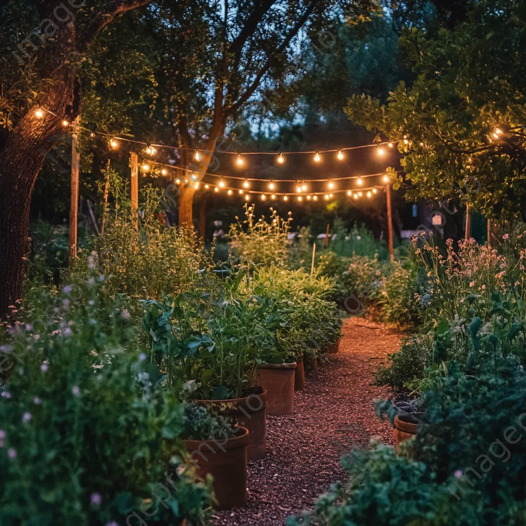 Traditional herb garden with string lights in the evening - Image 2