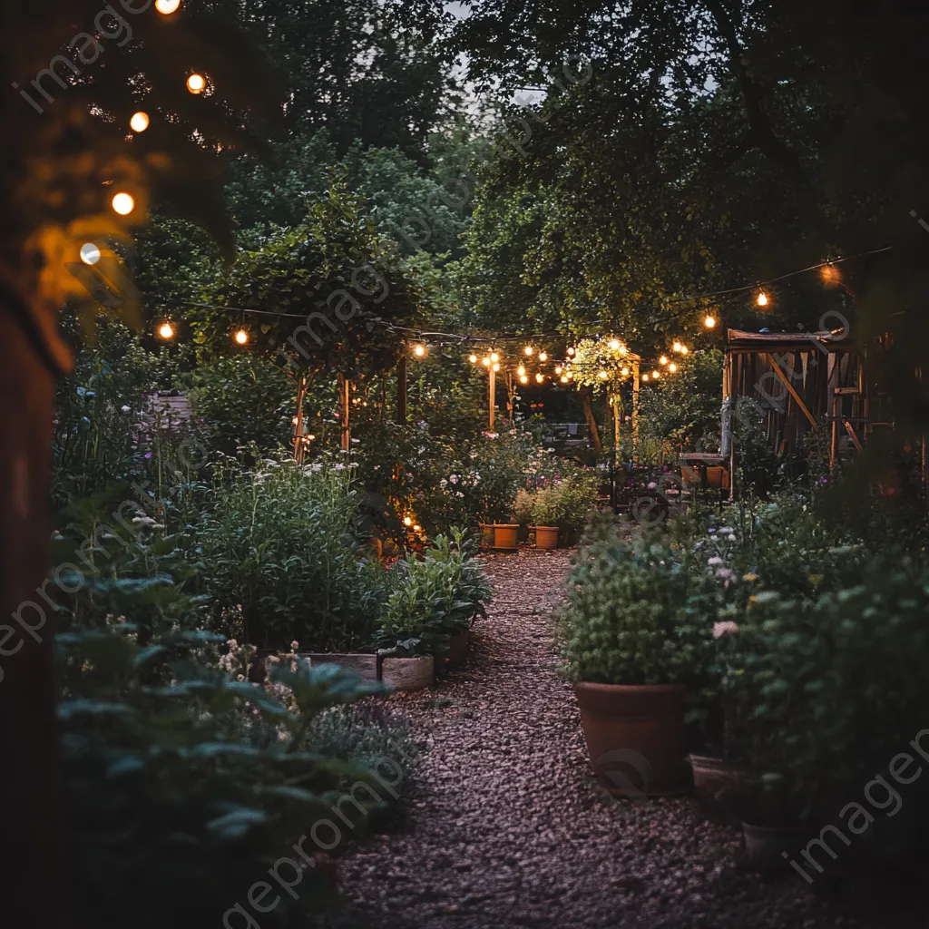 Traditional herb garden with string lights in the evening - Image 3