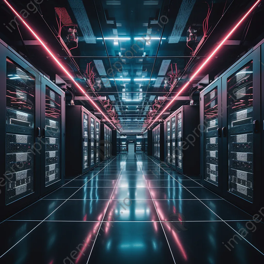 Modern server room with illuminated black racks and futuristic ambiance. - Image 2