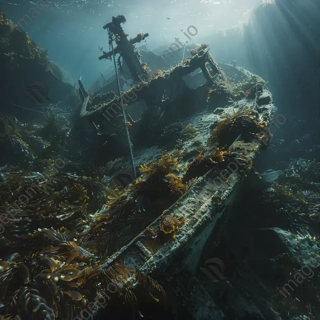 Crumbling shipwreck with seaweed and crabs underwater - Image 1