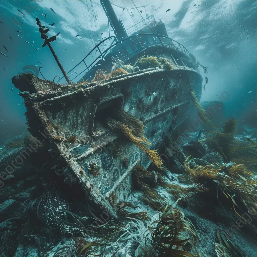 Crumbling shipwreck with seaweed and crabs underwater - Image 3