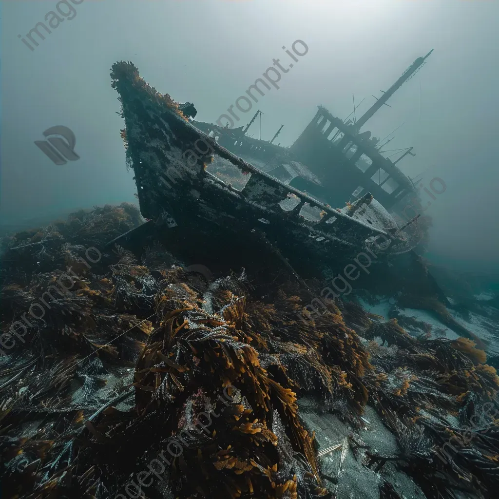 Crumbling shipwreck with seaweed and crabs underwater - Image 4