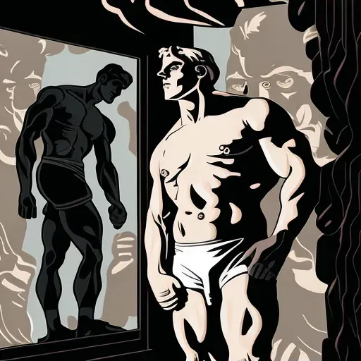 Illustration of a man looking into a mirror, seeing his older self reflected back - Image 1