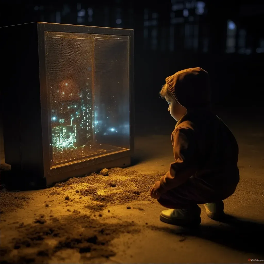 Image of a child looking in awe at a giant, glowing hologram of a computer chip - Image 2