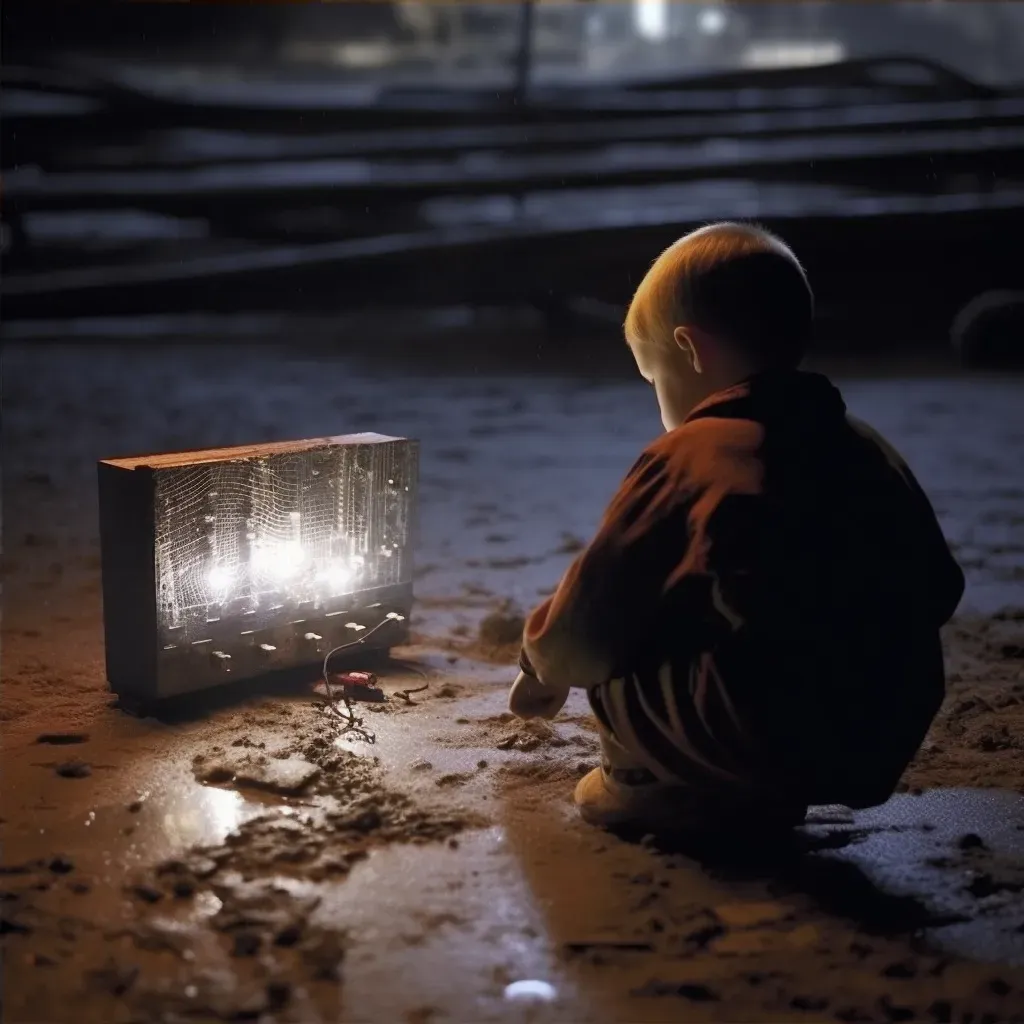 Image of a child looking in awe at a giant, glowing hologram of a computer chip - Image 4