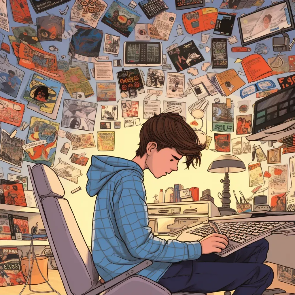 Young person in bedroom surrounded by various tech gadgets and posters of famous influencers - Image 2