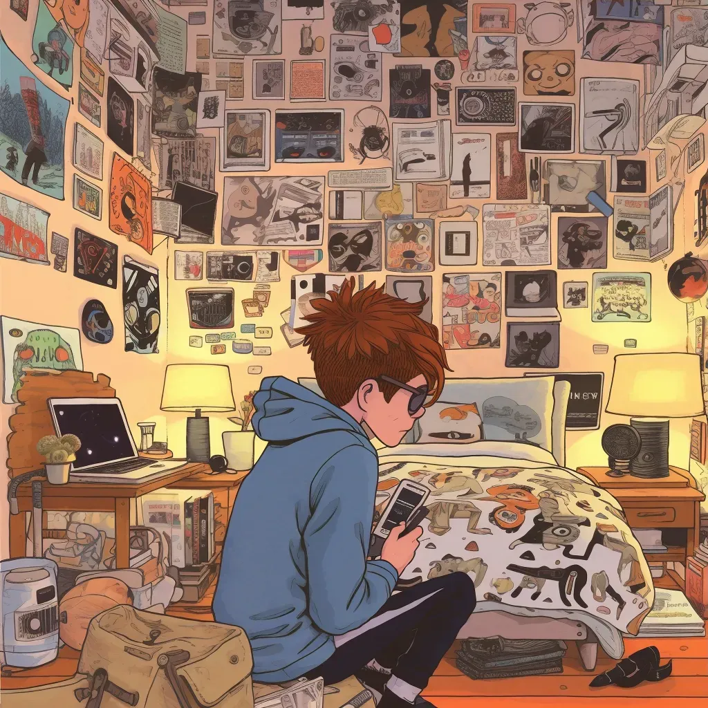 Young person in bedroom surrounded by various tech gadgets and posters of famous influencers - Image 3