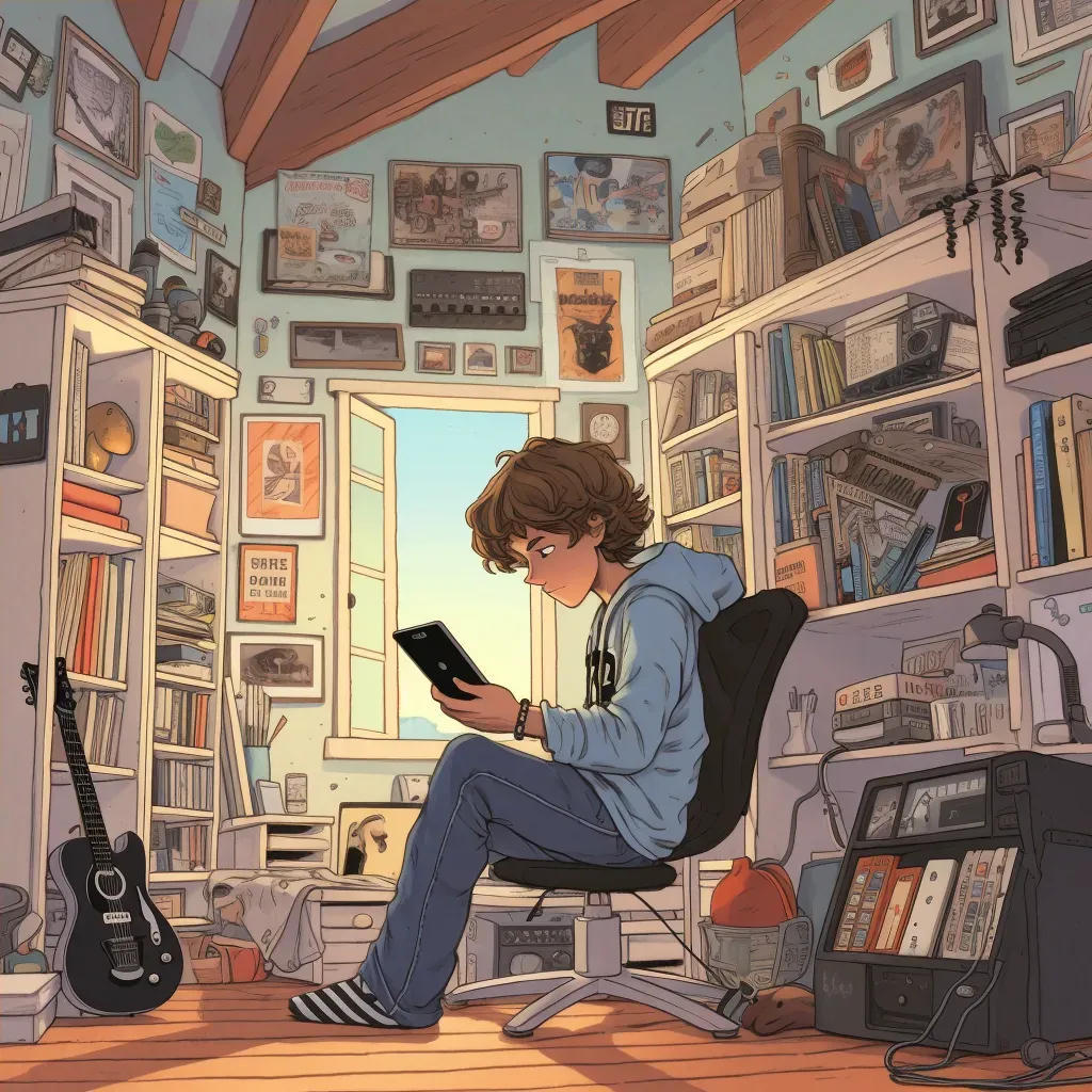 Young person in bedroom surrounded by various tech gadgets and posters of famous influencers - Image 4