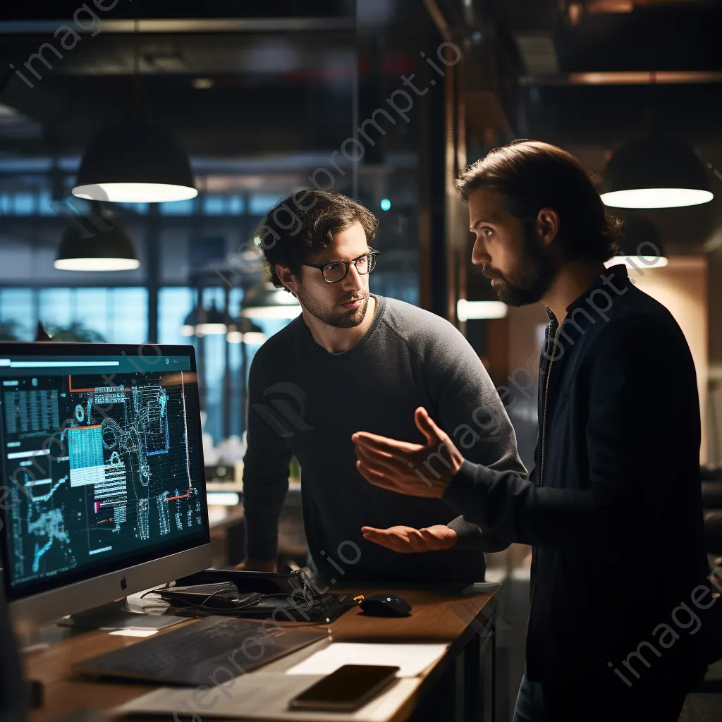 Two software engineers discussing code in a bright office setting. - Image 1