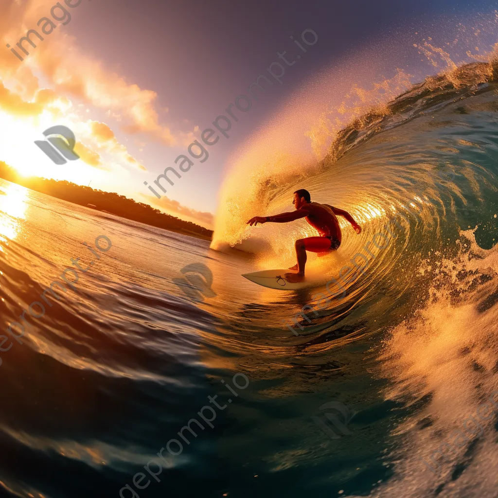 Surfer riding a massive wave at sunset - Image 1