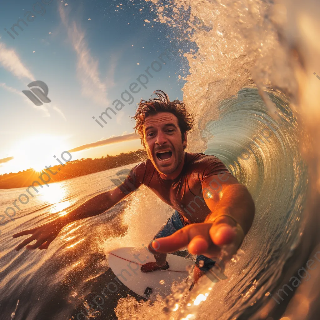 Surfer riding a massive wave at sunset - Image 2