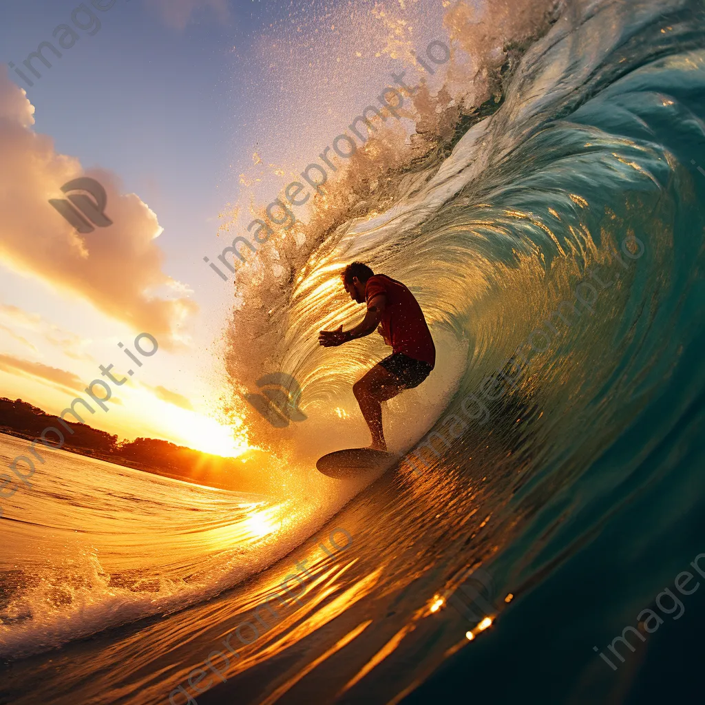 Surfer riding a massive wave at sunset - Image 3