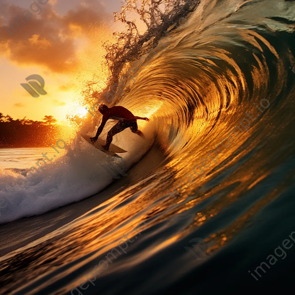 Surfer riding a massive wave at sunset - Image 4