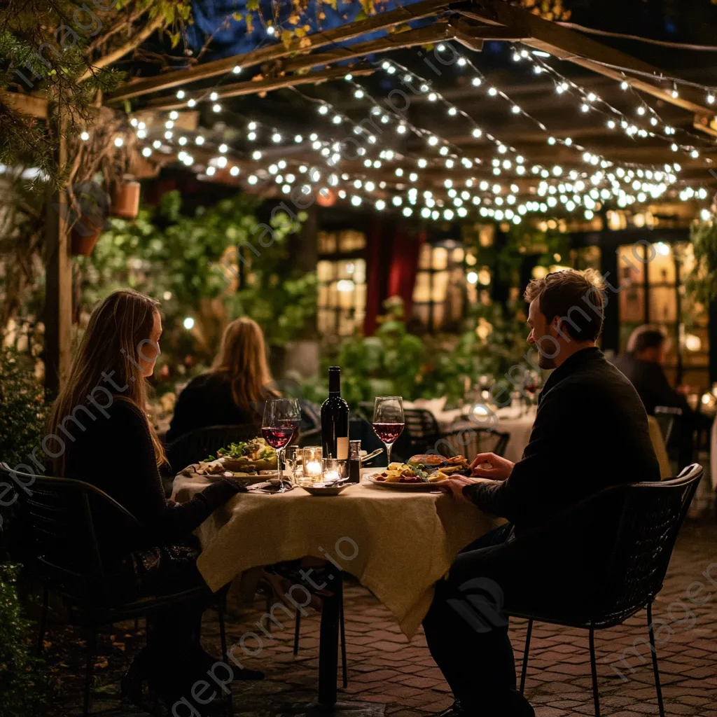 Bistro patio at dusk with fairy lights and couples dining - Image 1