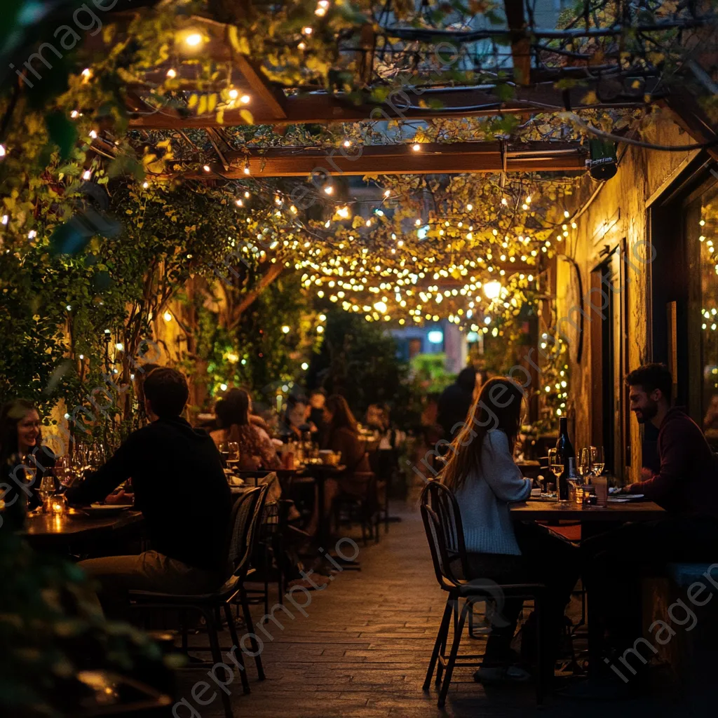 Bistro patio at dusk with fairy lights and couples dining - Image 2