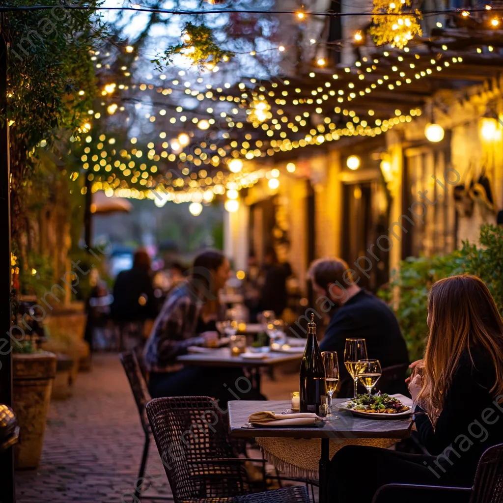 Bistro patio at dusk with fairy lights and couples dining - Image 3