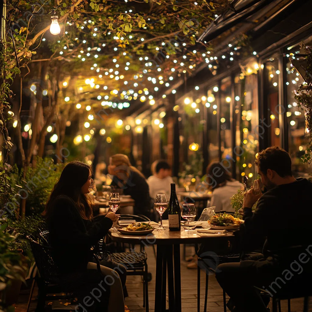 Bistro patio at dusk with fairy lights and couples dining - Image 4