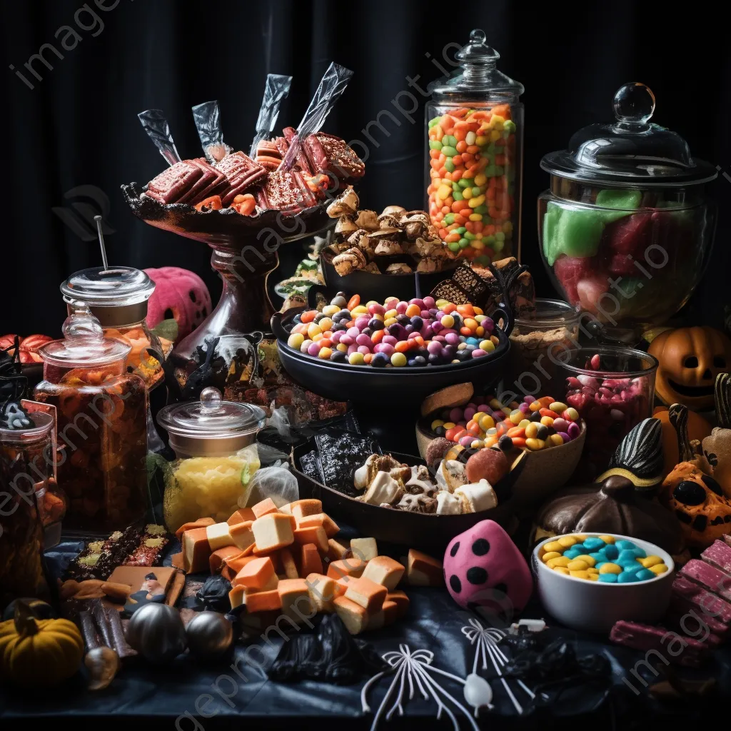 Festive Halloween treat table with candies and spooky decorations - Image 1