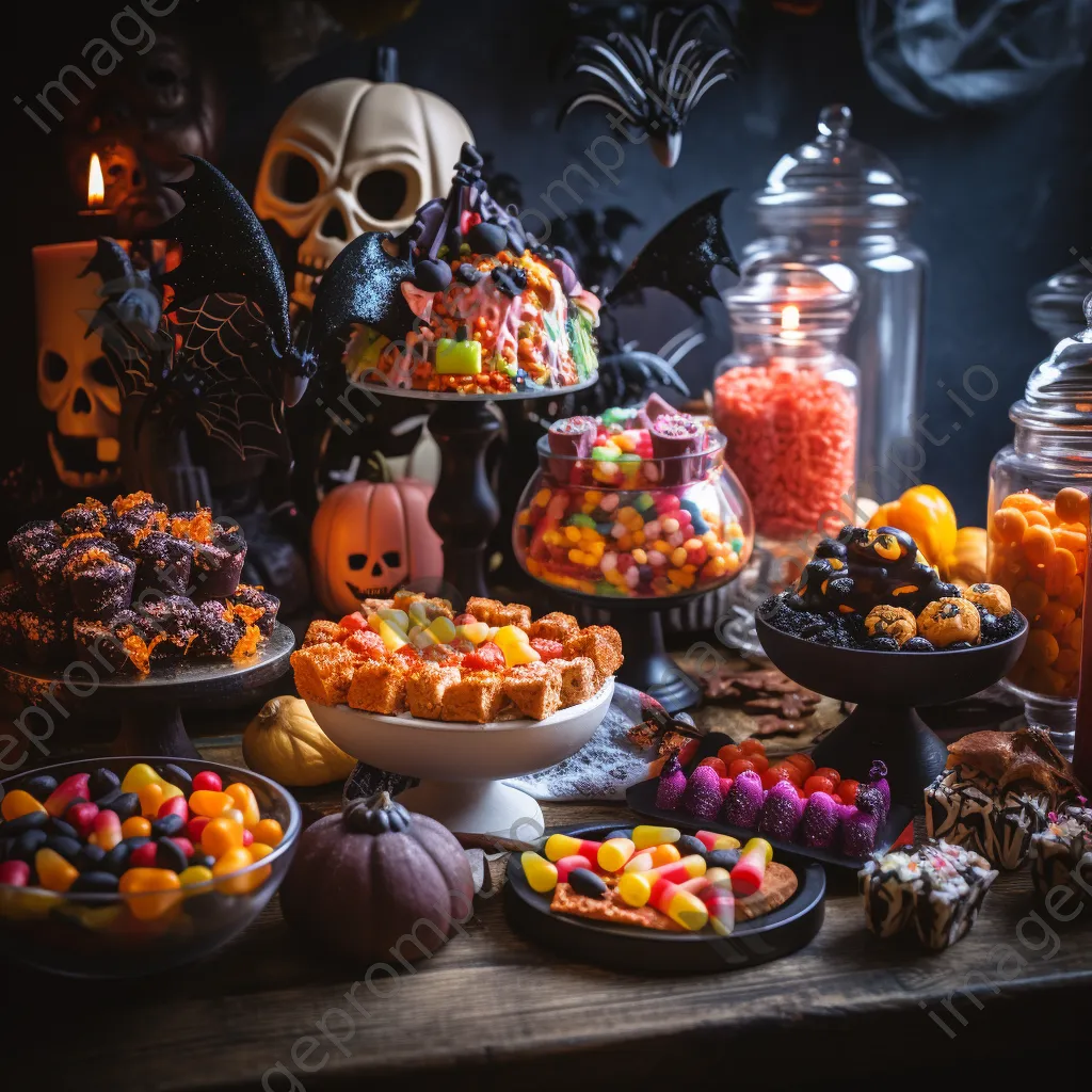 Festive Halloween treat table with candies and spooky decorations - Image 2