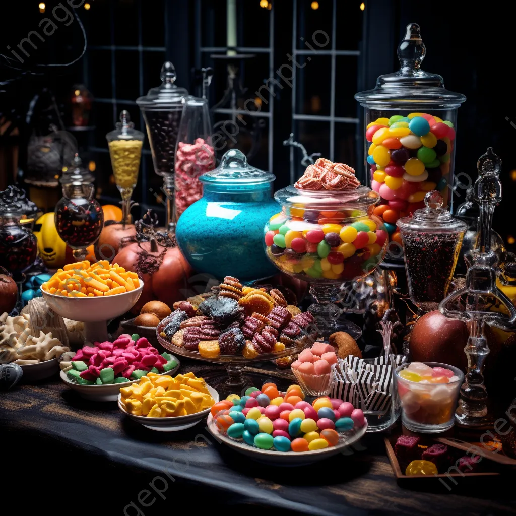 Festive Halloween treat table with candies and spooky decorations - Image 3