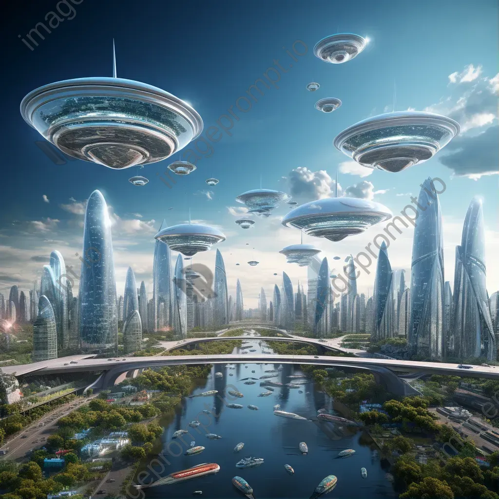 Aerial view of futuristic city skyline with flying cars - Image 1