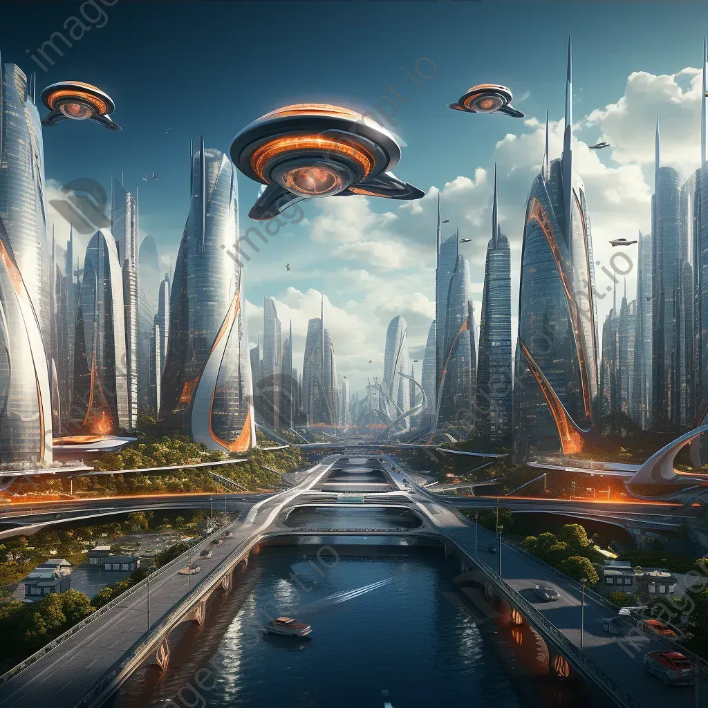 Aerial view of futuristic city skyline with flying cars - Image 3