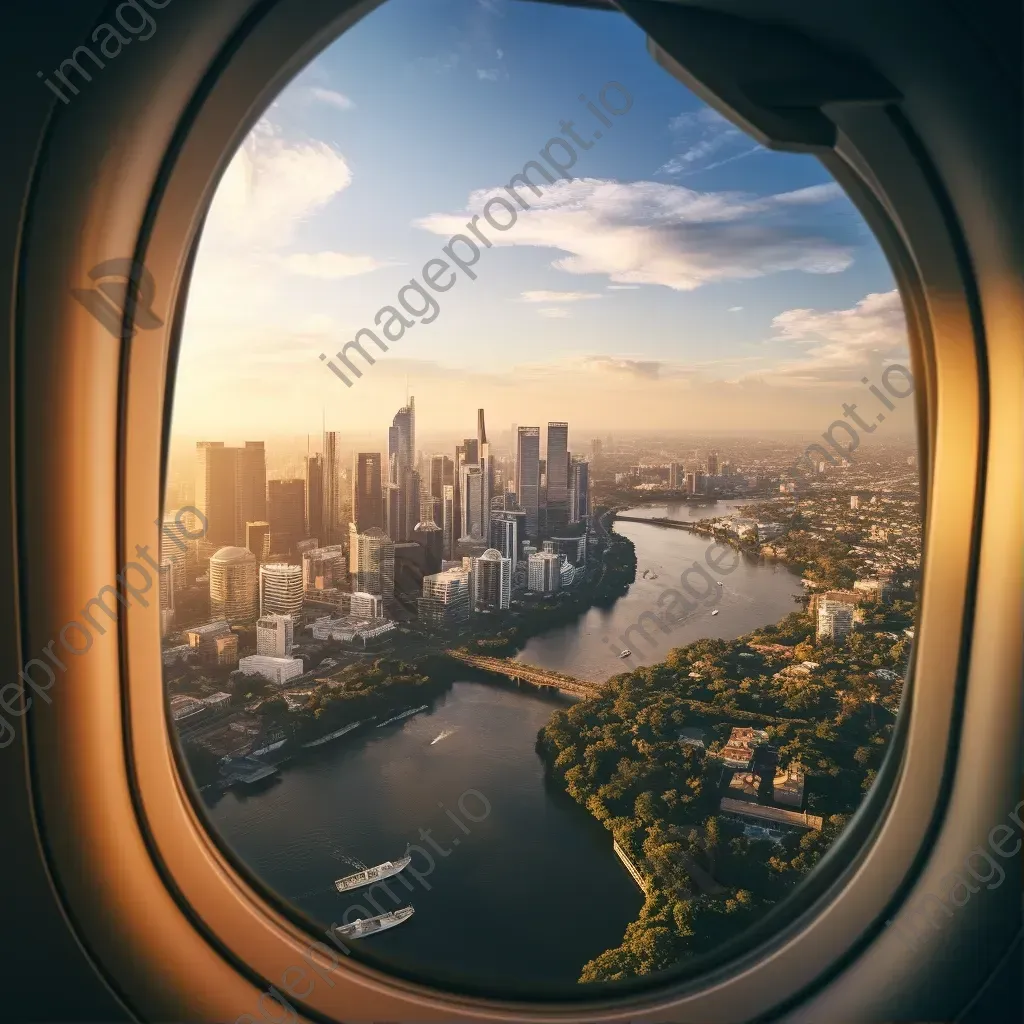 Aerial view of urban landscape with skyscrapers and river seen through airplane window - Image 1