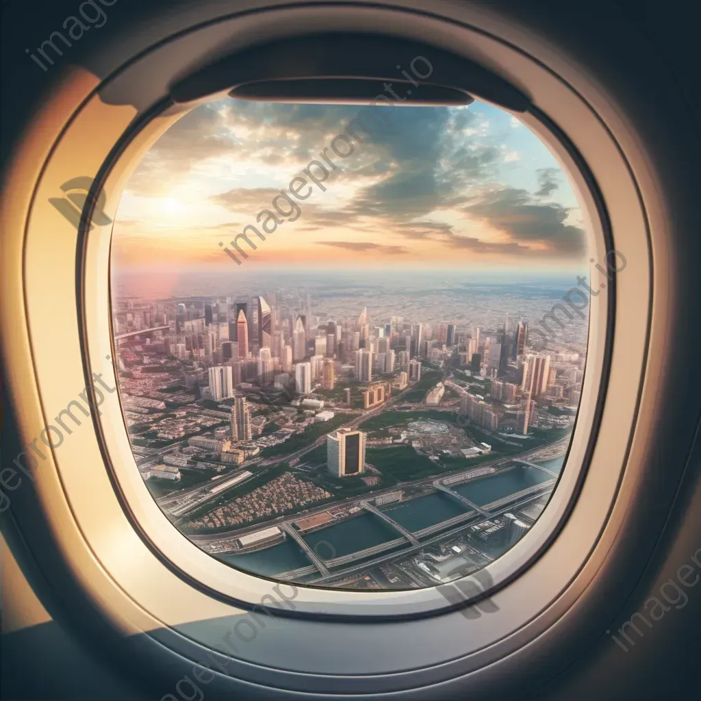 Aerial view of urban landscape with skyscrapers and river seen through airplane window - Image 2