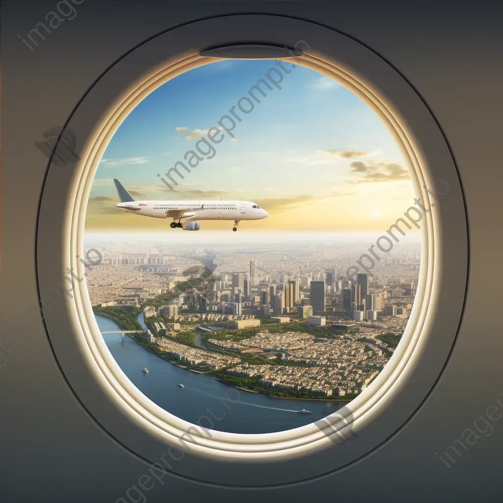 Aerial view of urban landscape with skyscrapers and river seen through airplane window - Image 4