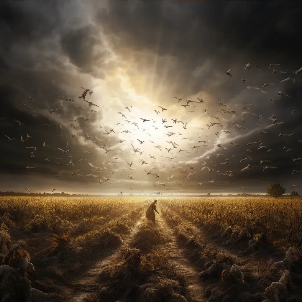 Swarm of locusts descending on a crop field, creating a dark cloud that blocks the sun - Image 3