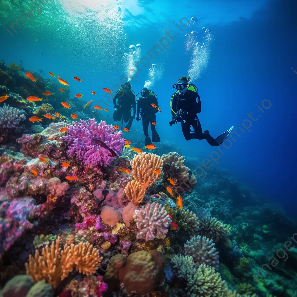 Scuba divers exploring colorful coral reef underwater - Image 4